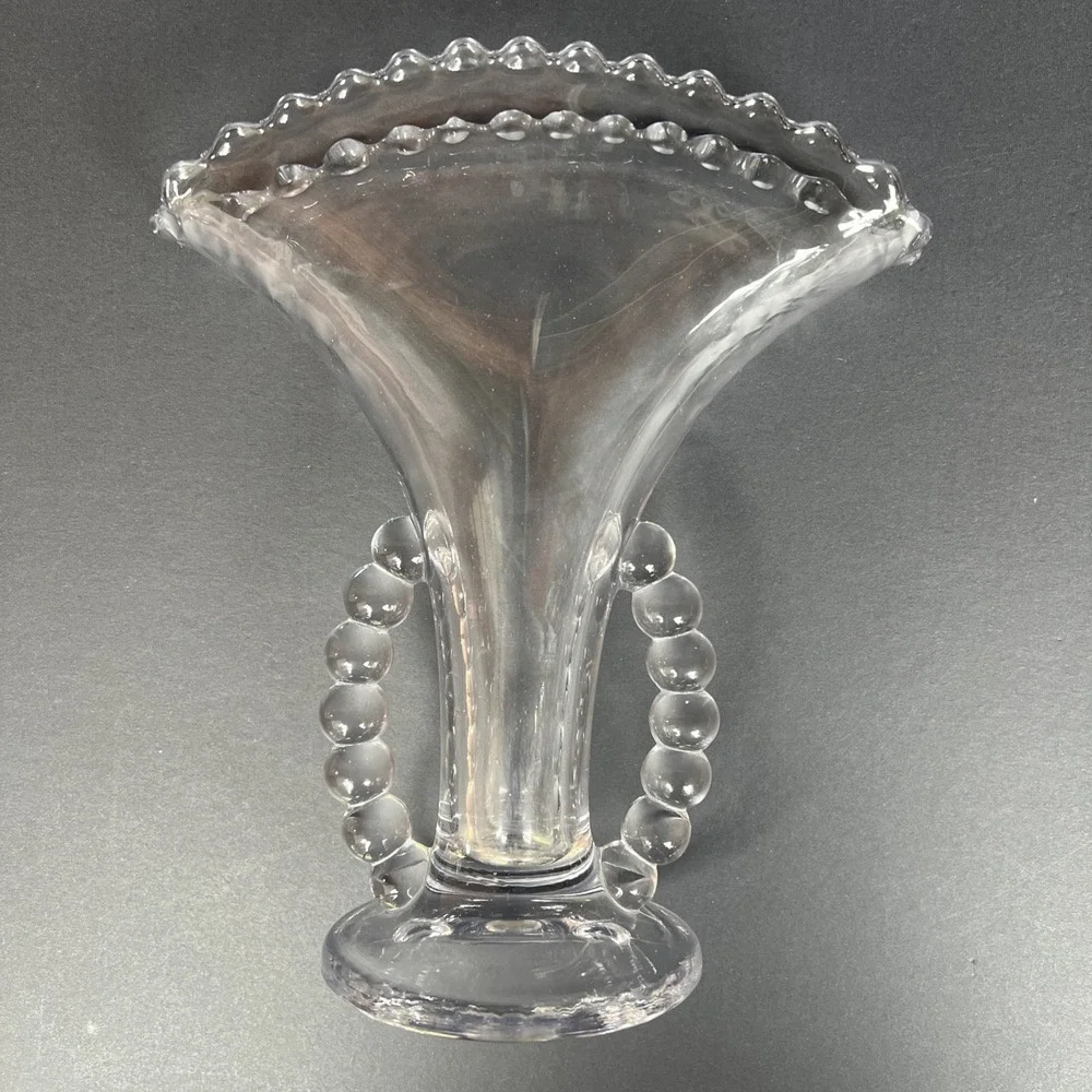 VTG Imperial Candlewick Fan Vase Detached Bead Handles Clear Glass 8.5
